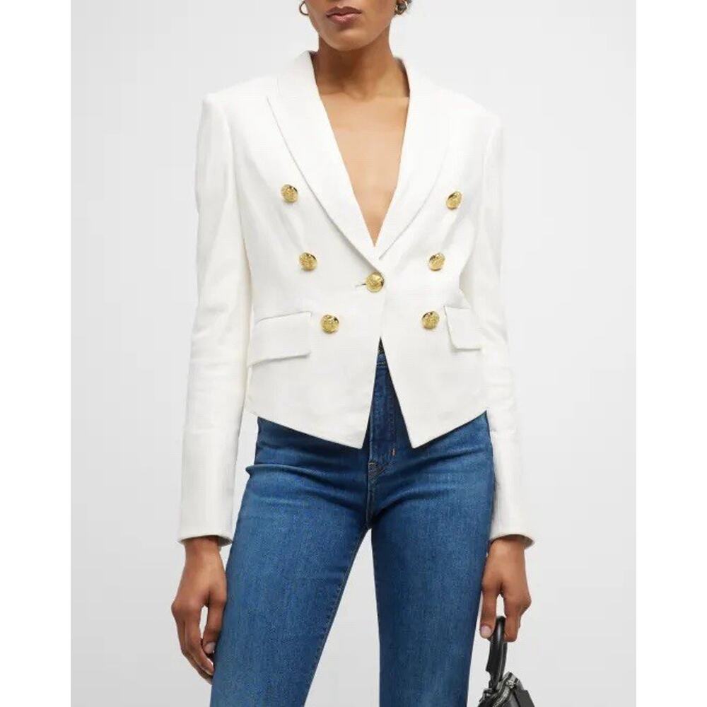 Veronica Beard Cooke Ivory Leather Double-Breasted Blazer Jacket Gold Buttons 00